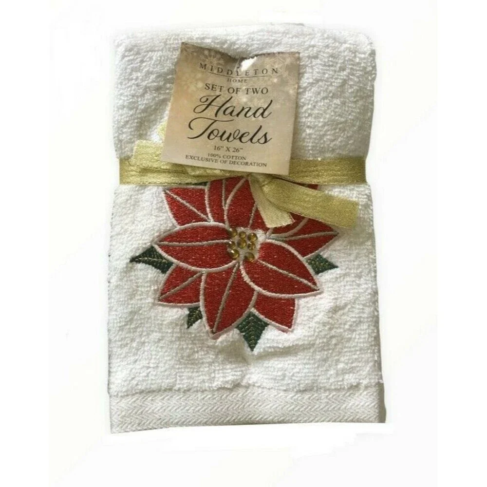 Christmas Poinsettia Hand Towels Embroidered Rhinestone Embellished Set of 2